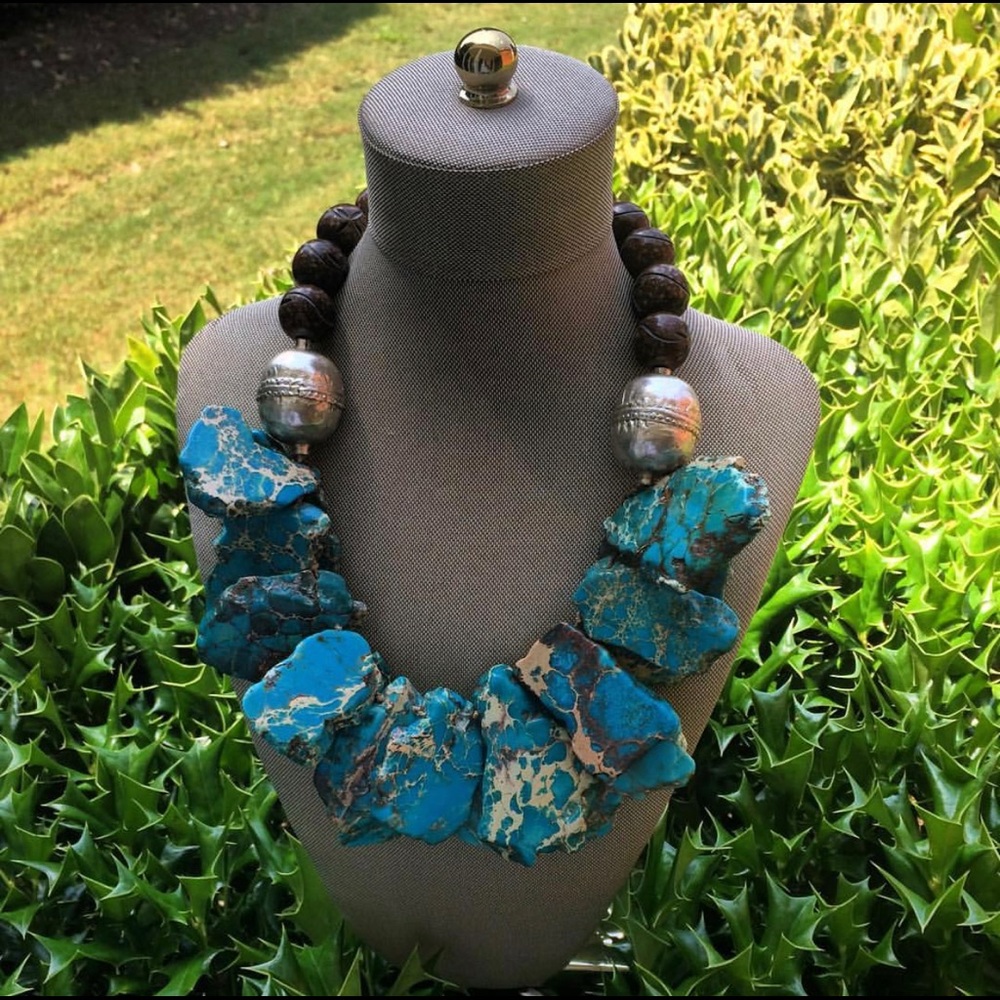 Turquoise Jasper slab with agate wood beads